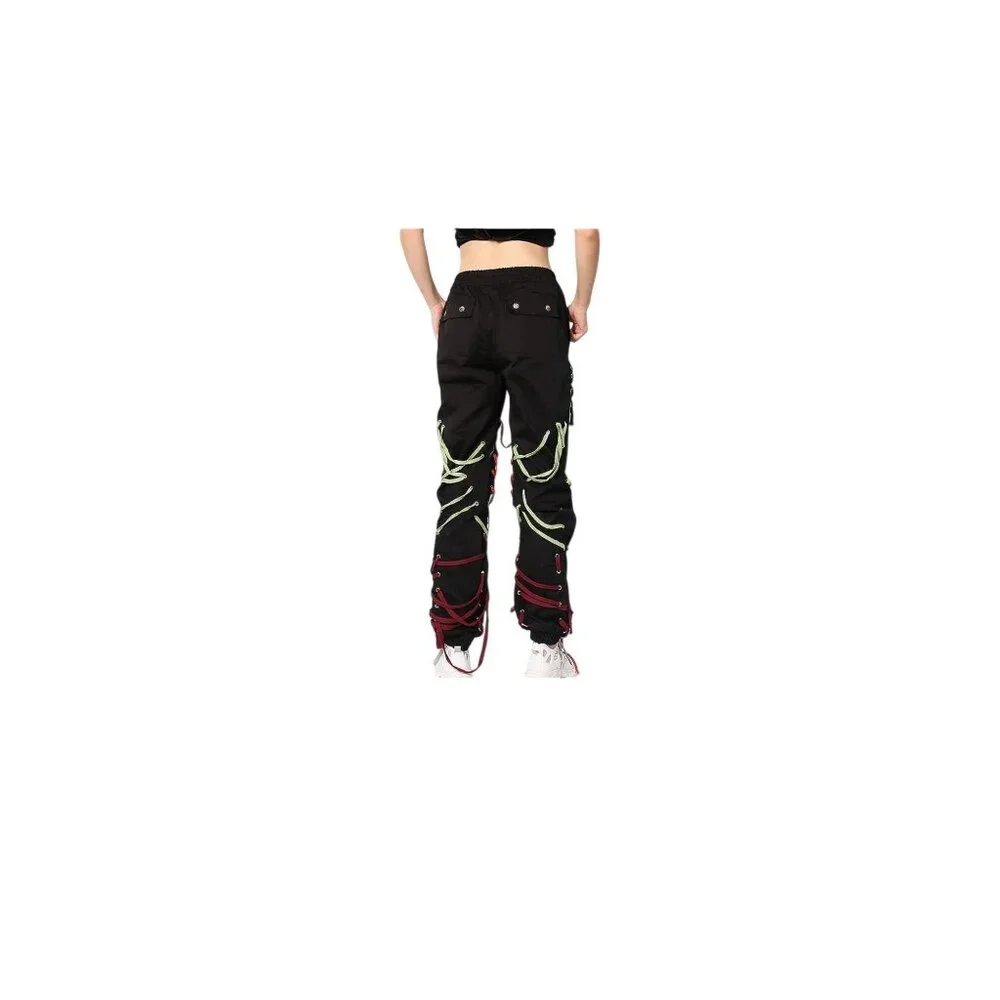 Twotwinstyle Womens High-Waist Patchwork Bandage Pants Colorful Rope Detail S - Picture 4 of 9